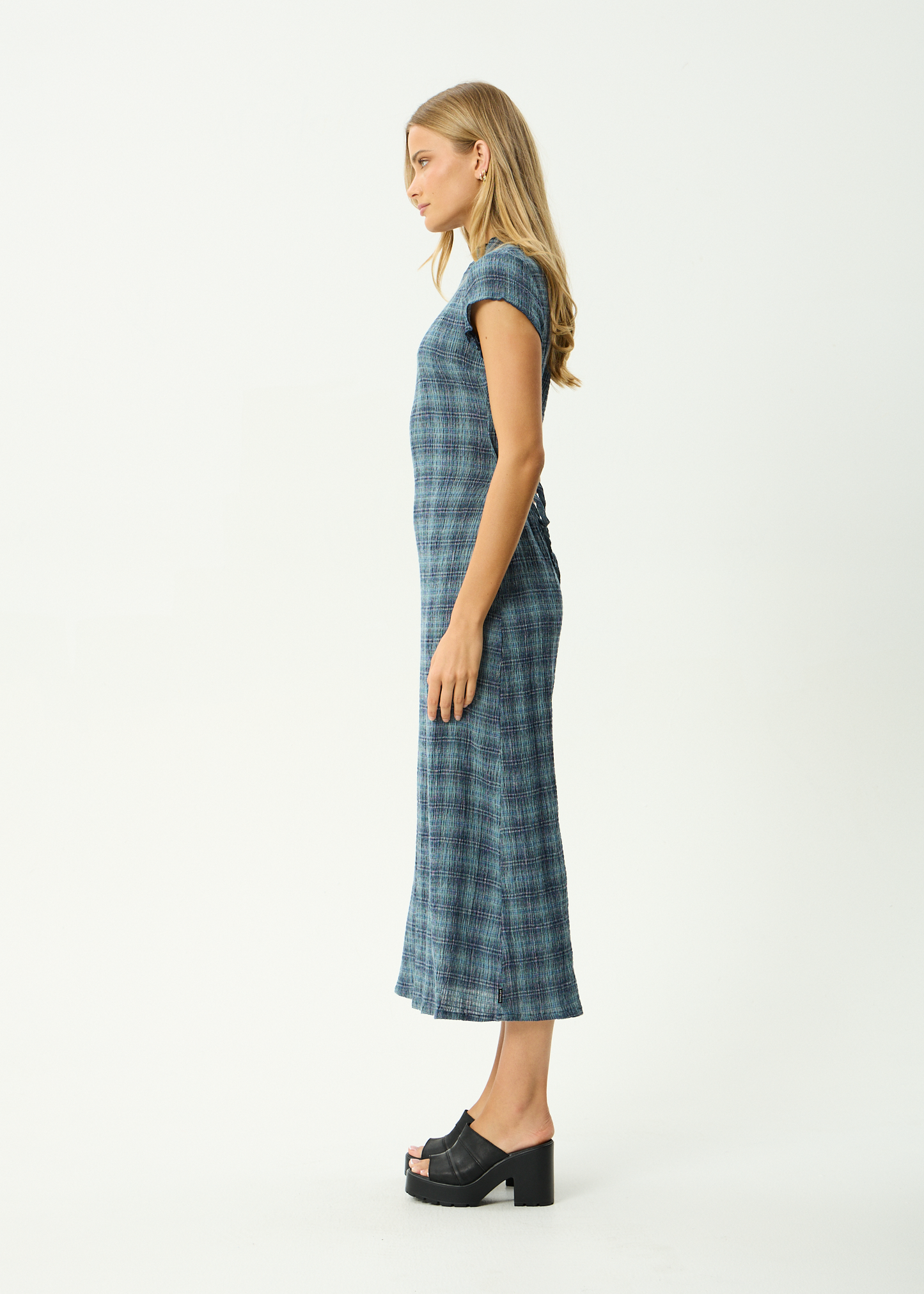 AFENDS Womens Elodie - Seersucker Midi Dress - Position Navy Check