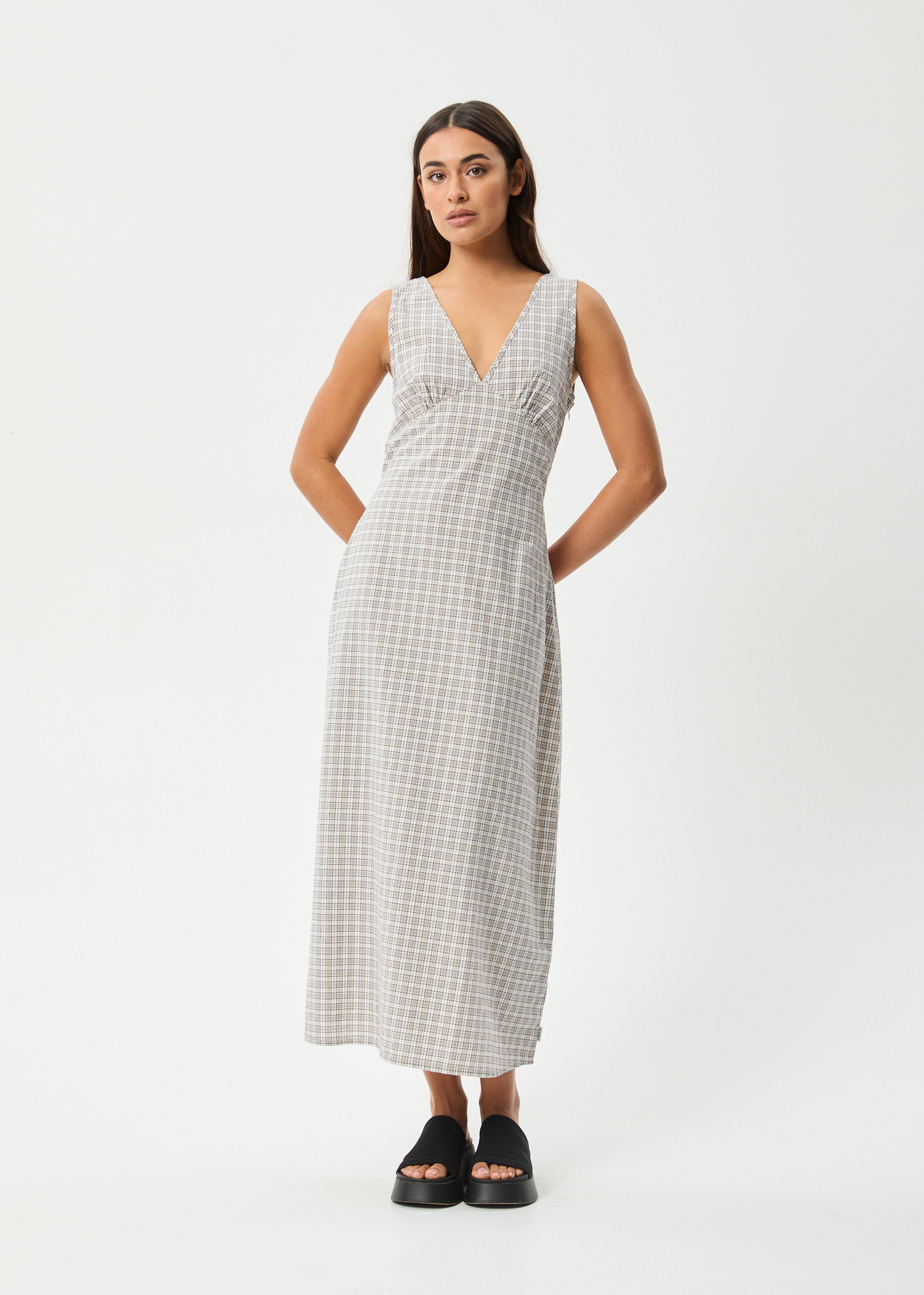 AFENDS Womens Tully - Seersucker Maxi Dress - Taupe Check