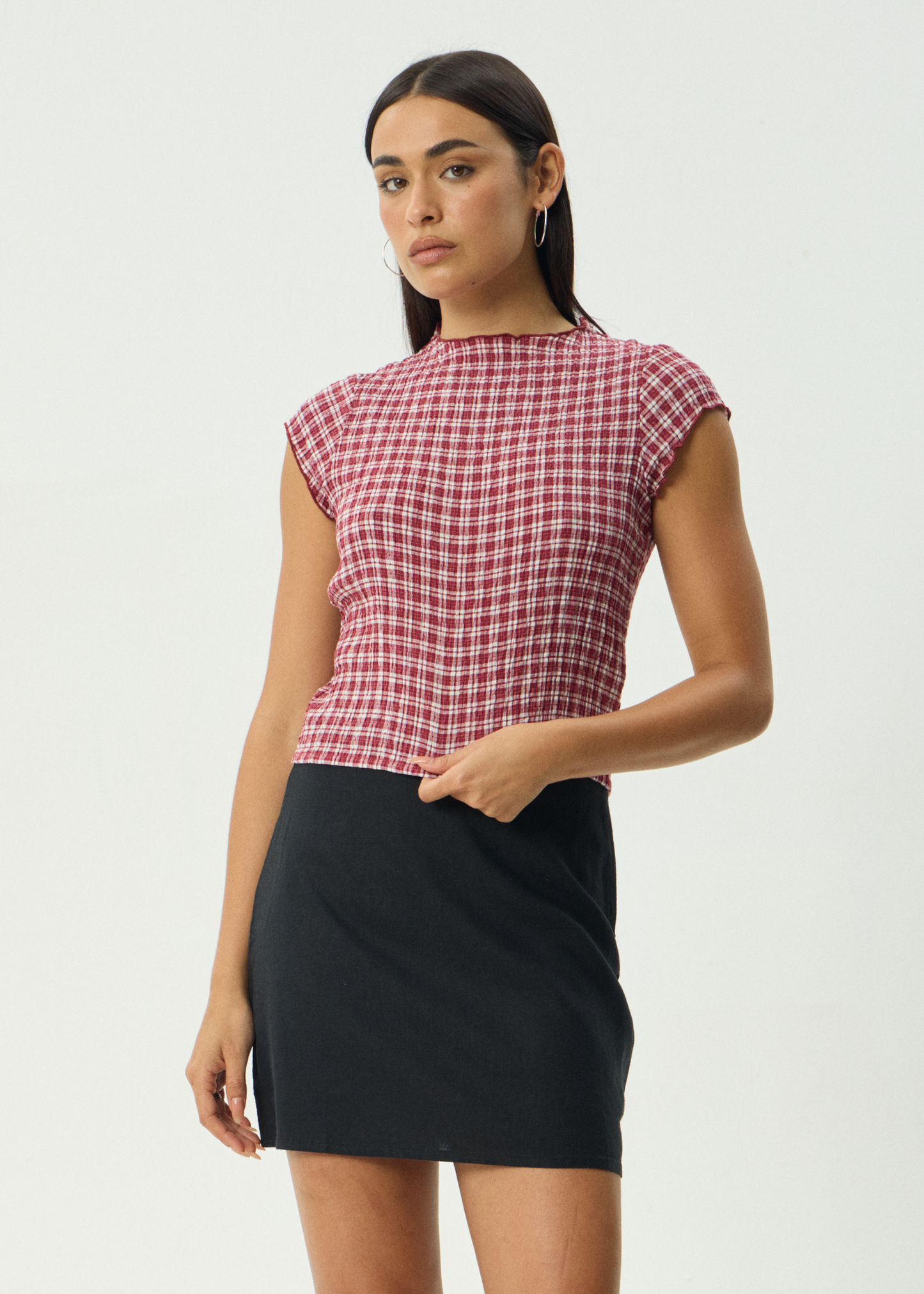 AFENDS Womens Wren - Seersucker Top - Burgundy Check