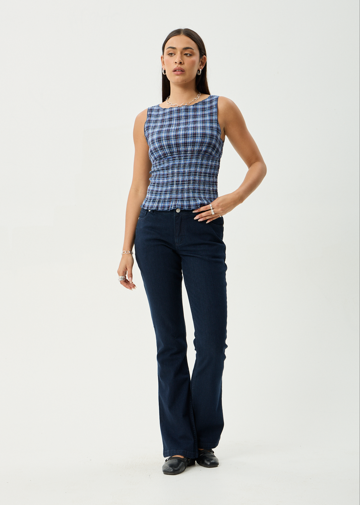 AFENDS Womens Mountains - Seersucker Sleeveless Top - Navy Red Check