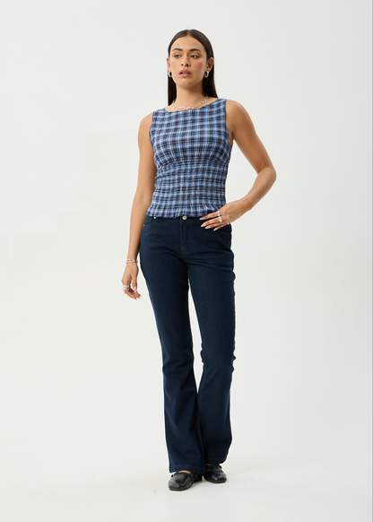 AFENDS Womens Mountains - Seersucker Sleeveless Top - Navy Red Check