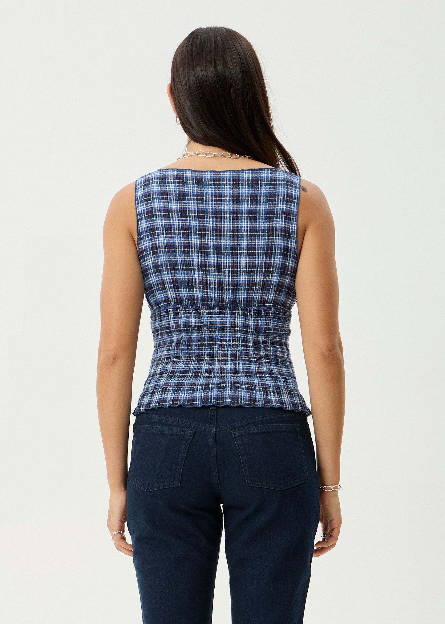 AFENDS Womens Mountains - Seersucker Sleeveless Top - Navy Red Check
