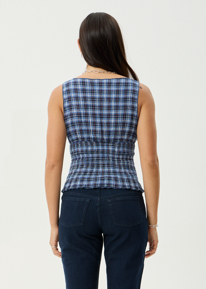 AFENDS Womens Mountains - Seersucker Sleeveless Top - Navy Red Check