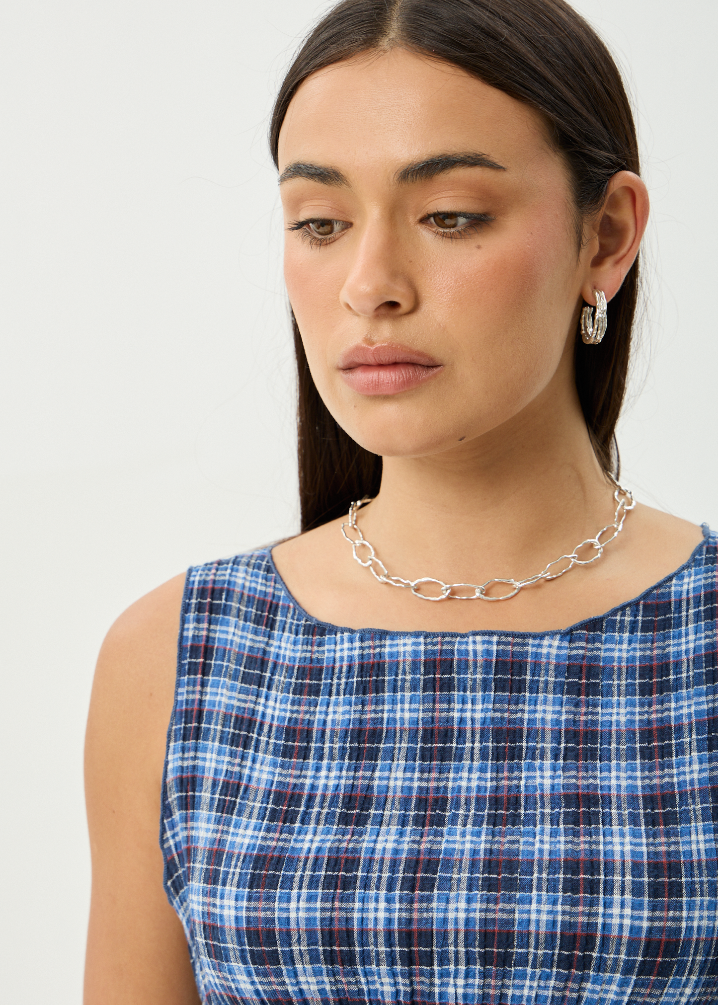 AFENDS Womens Mountains - Seersucker Sleeveless Top - Navy Red Check