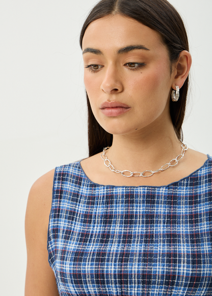 AFENDS Womens Mountains - Seersucker Sleeveless Top - Navy Red Check