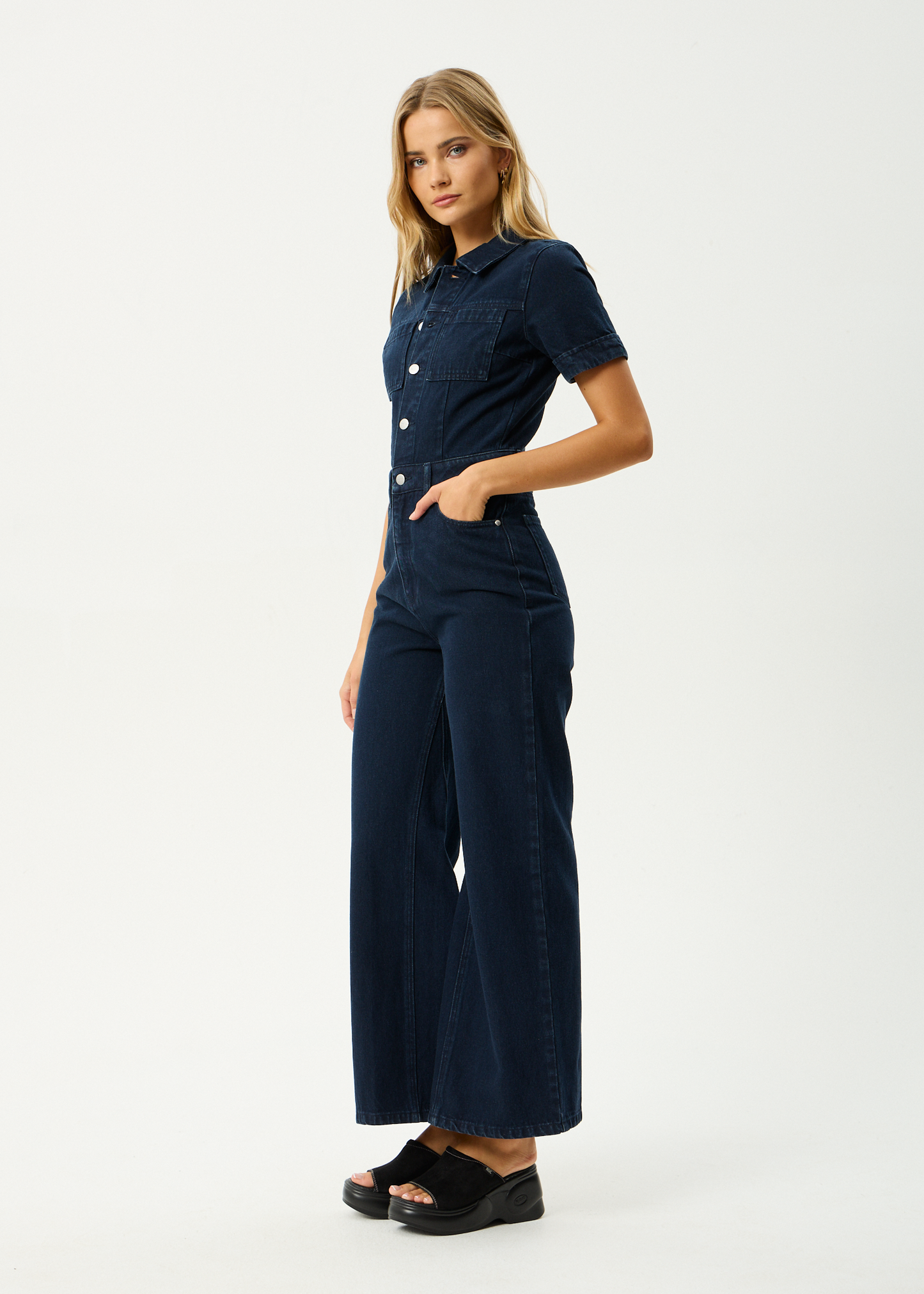 AFENDS Womens Miami - Denim Flared Jumpsuit - Ink