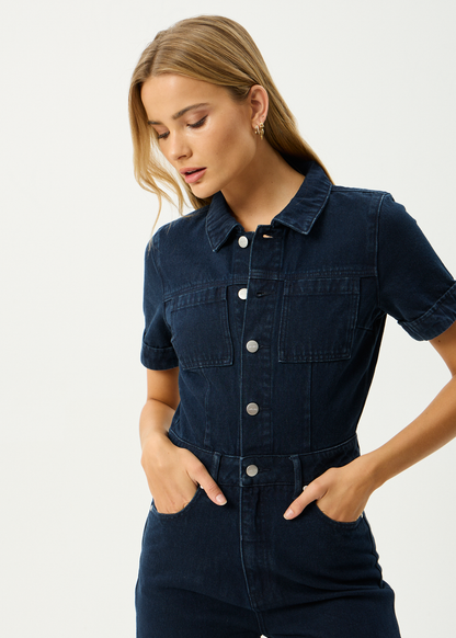 AFENDS Womens Miami - Denim Flared Jumpsuit - Ink
