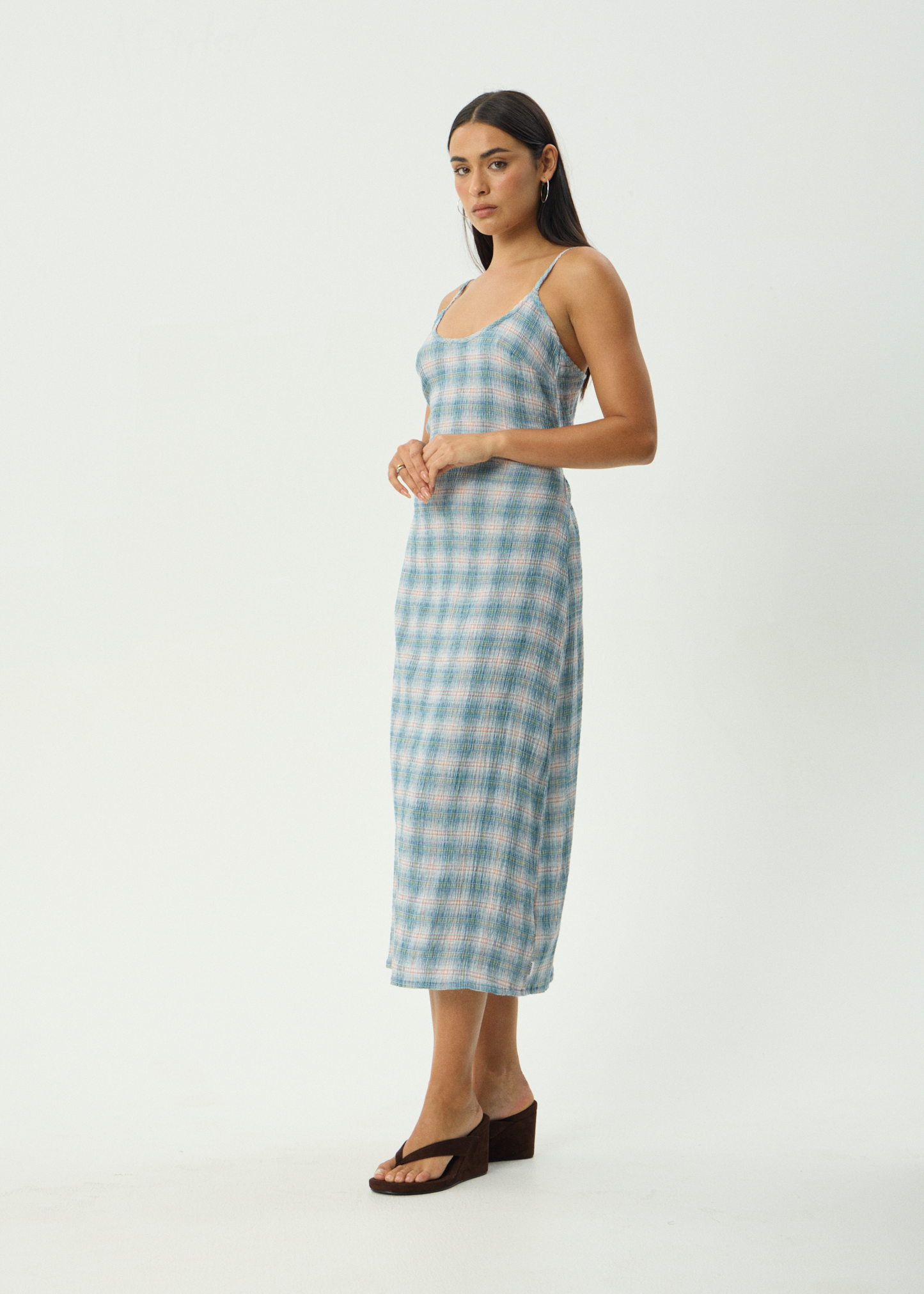 AFENDS Womens Rumi - Seersucker Midi Dress - Lake Check