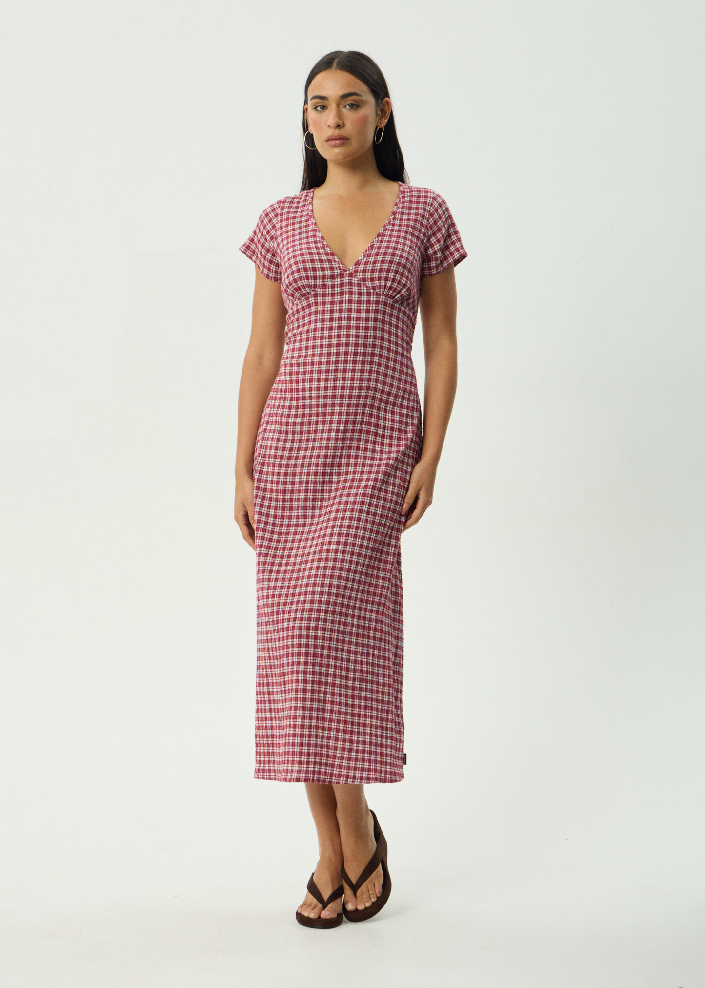 AFENDS Womens Base Maeve - Seersucker Maxi Dress - Burgundy Check