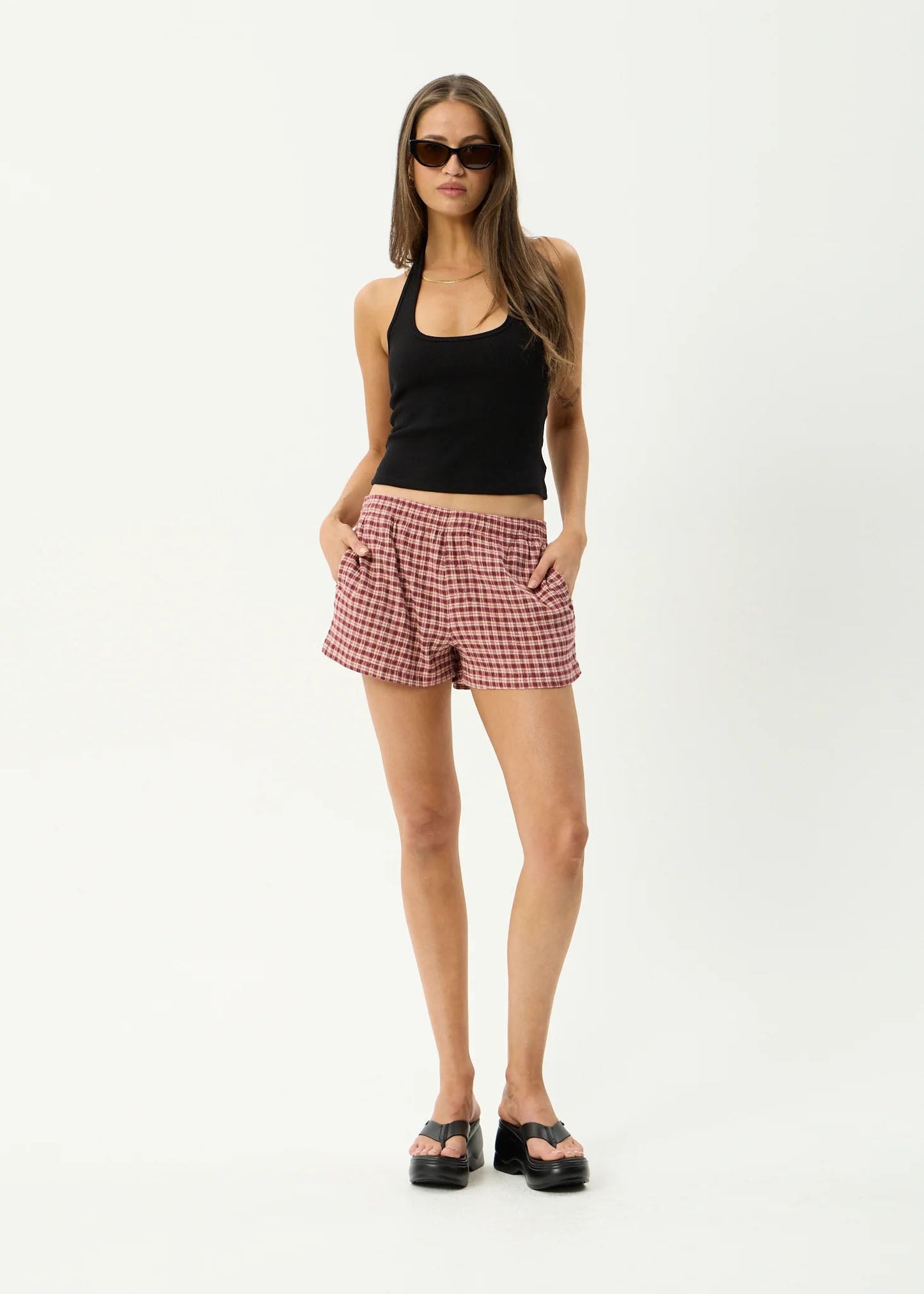 AFENDS Womens Capricorn - Seersucker Short - Burgundy / Beige Check