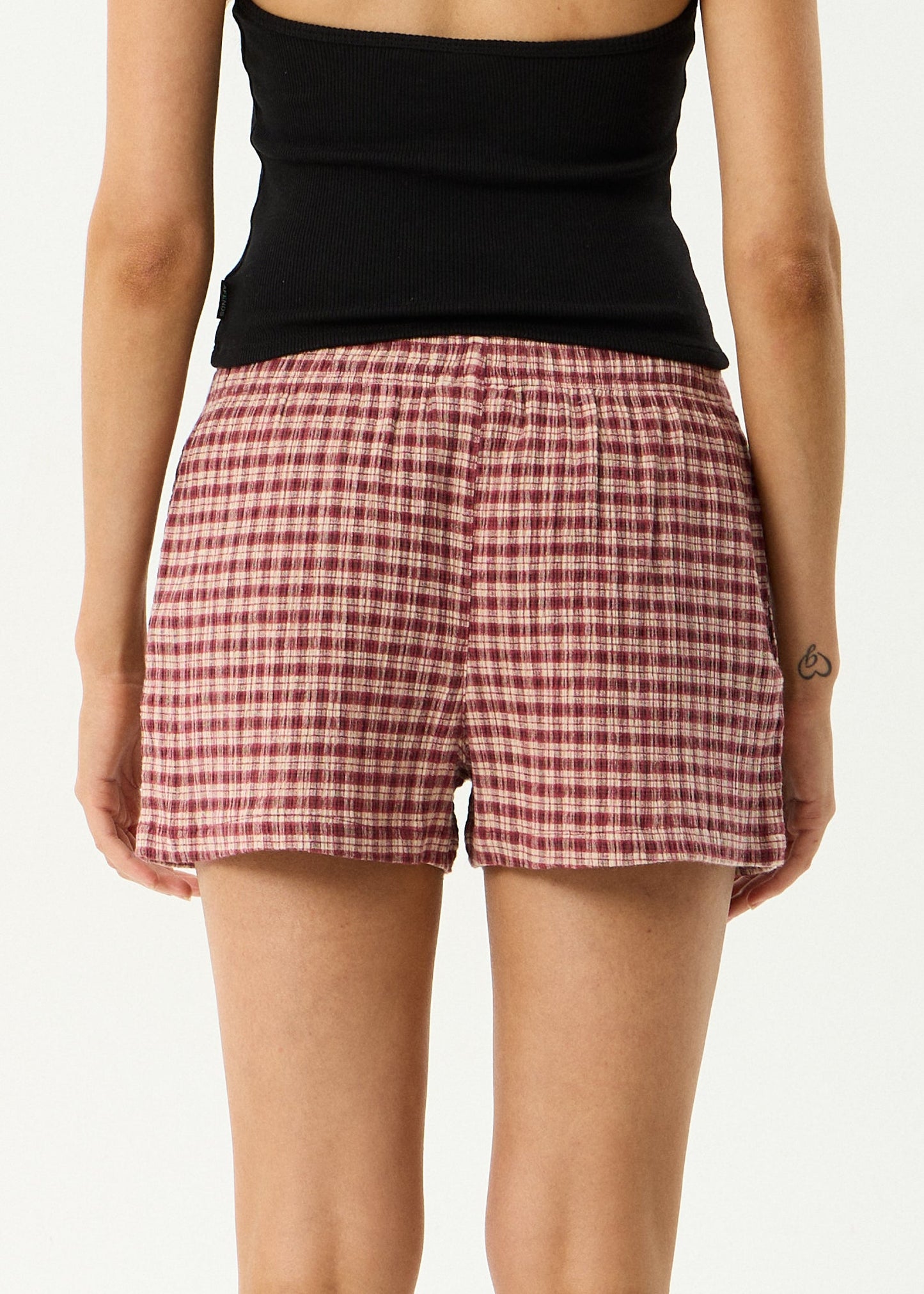 AFENDS Womens Capricorn - Seersucker Short - Burgundy / Beige Check