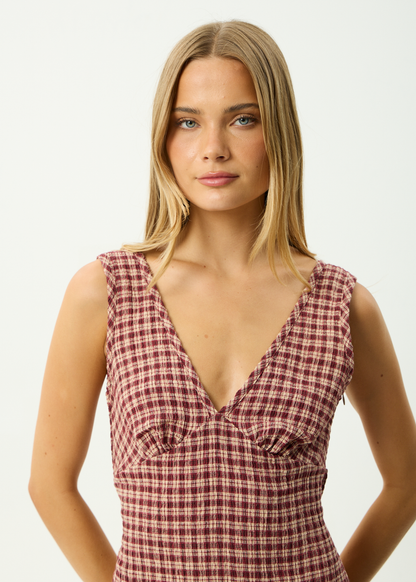 AFENDS Womens Capricorn - Seersucker Mini Dress - Burgundy / Beige Check
