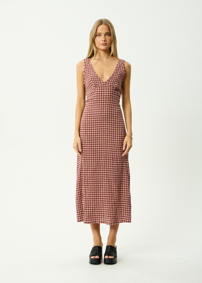 AFENDS Womens Tully - Seersucker Maxi Dress - Capricorn Burgundy / Beige Check