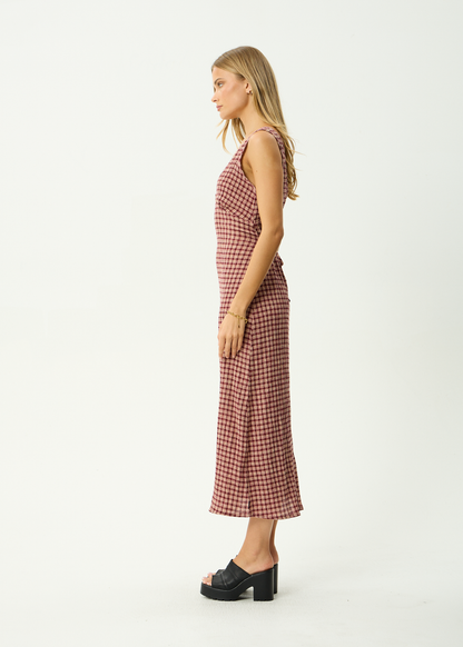 AFENDS Womens Tully - Seersucker Maxi Dress - Capricorn Burgundy / Beige Check