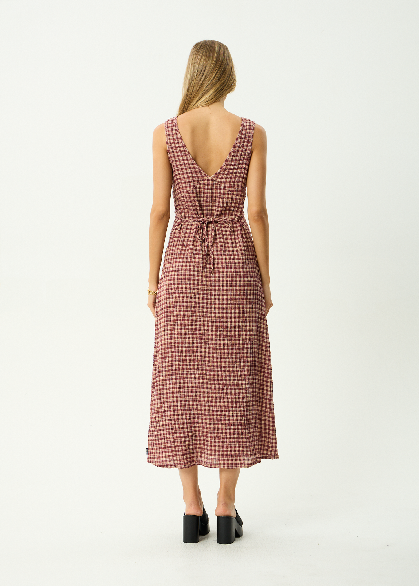 AFENDS Womens Tully - Seersucker Maxi Dress - Capricorn Burgundy / Beige Check