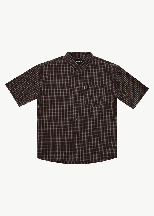 AFENDS Mens Reverb -  Seersucker Short Sleeve Shirt - Chocolate Check
