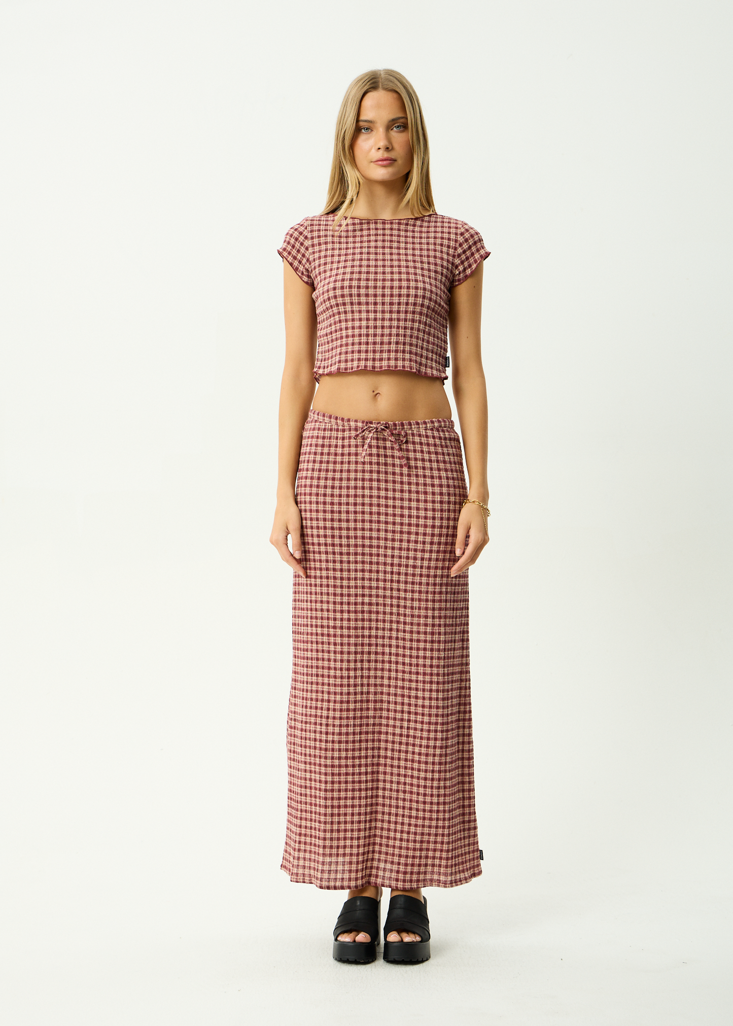 AFENDS Womens Frida - Seersucker Maxi Skirt - Capricorn Burgundy / Beige Check