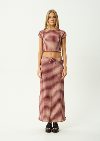 AFENDS Womens Frida - Seersucker Maxi Skirt - Capricorn Burgundy / Beige Check