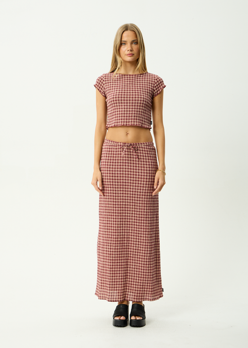 AFENDS Womens Frida - Seersucker Maxi Skirt - Capricorn Burgundy / Beige Check