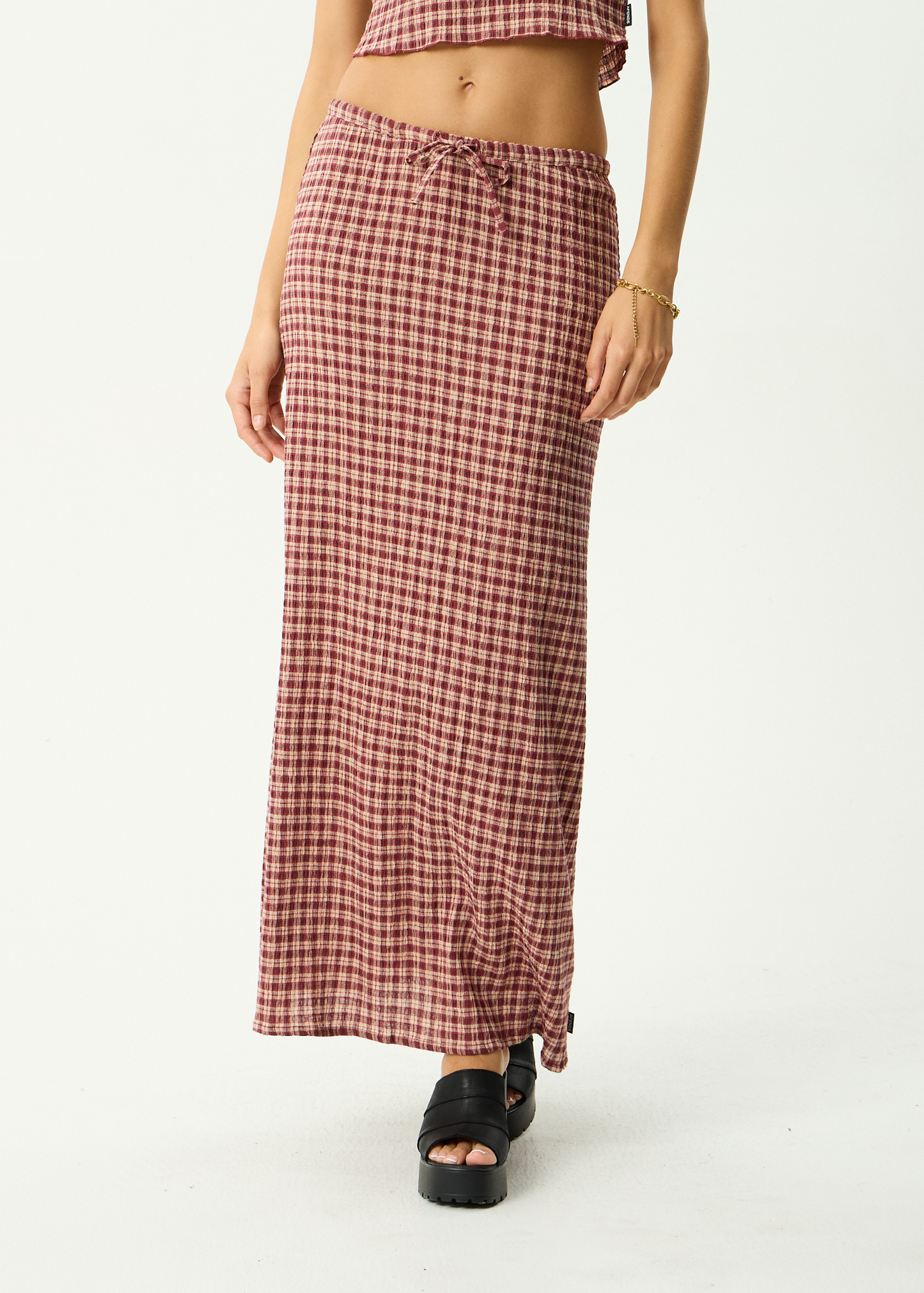 AFENDS Womens Frida - Seersucker Maxi Skirt - Capricorn Burgundy / Beige Check