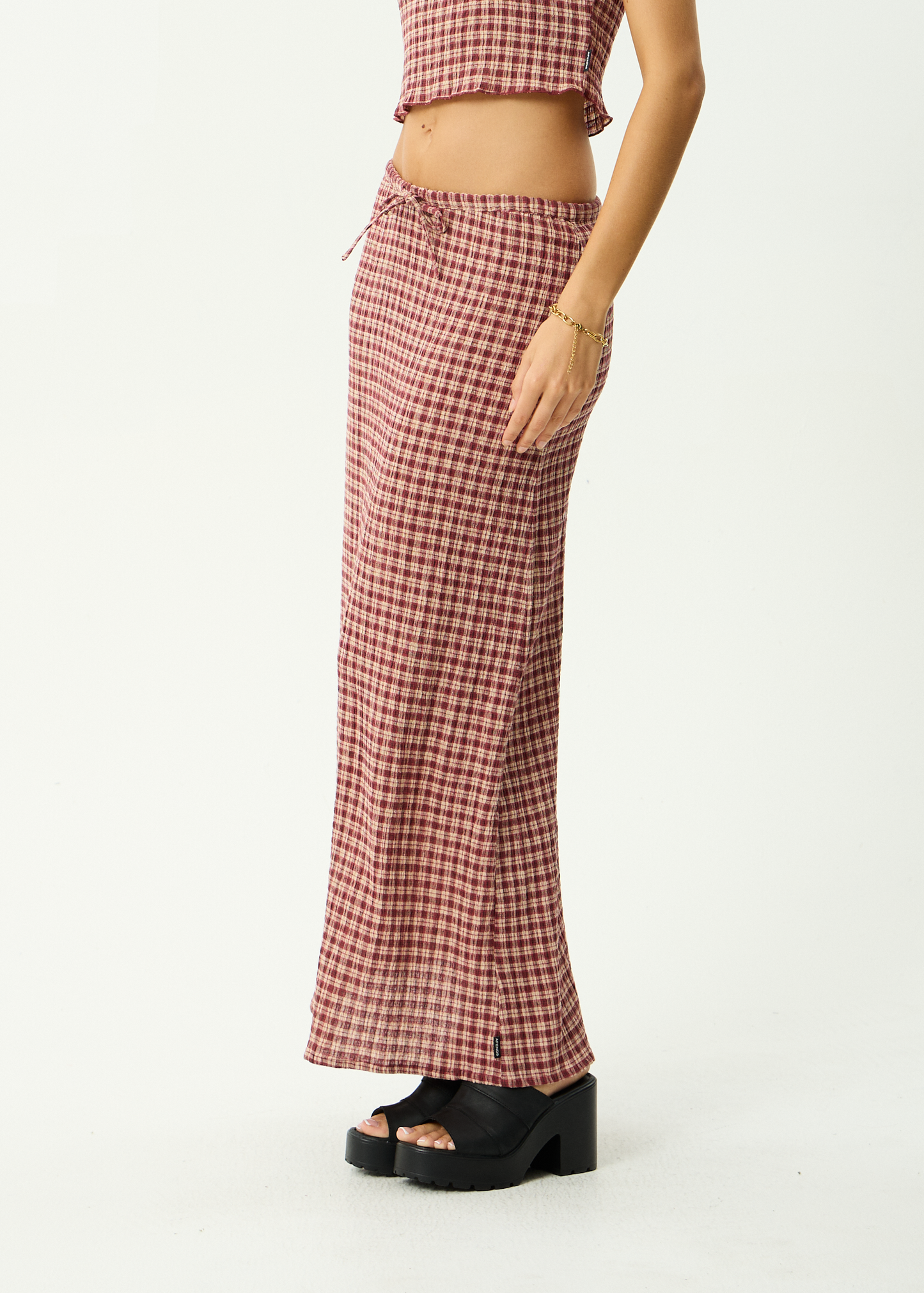 AFENDS Womens Frida - Seersucker Maxi Skirt - Capricorn Burgundy / Beige Check