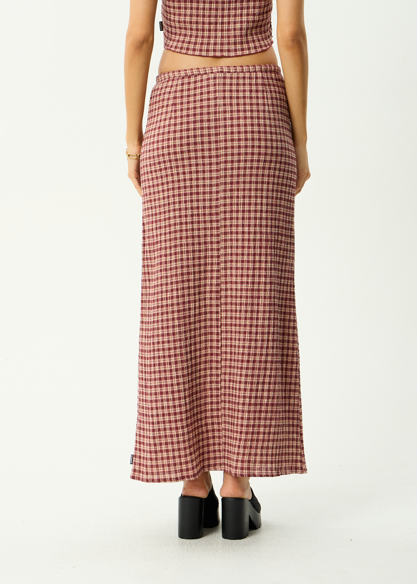 AFENDS Womens Frida - Seersucker Maxi Skirt - Capricorn Burgundy / Beige Check