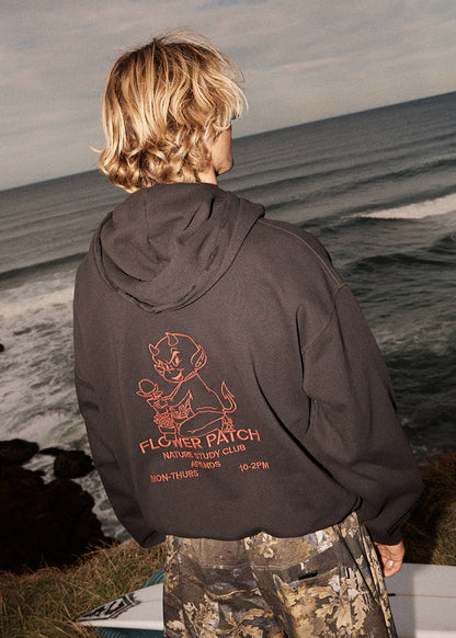 AFENDS Mens Flower Patch - Boxy Zip Hood - Stone Black